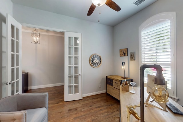 16175 Barton Creek Ln, Frisco, TX 75033 - living area featuring french doors, wood finished floors, baseboards, and ceiling fan