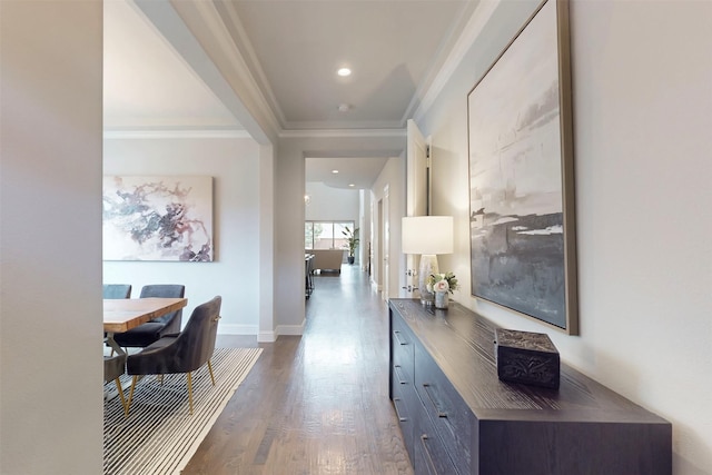 16175 Barton Creek Ln, Frisco, TX 75033 - hallway featuring ornamental molding, dark wood-style flooring, baseboards, and recessed lighting