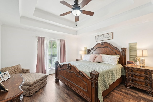 bedroom with wood finished floors, a raised ceiling, and a ceiling fan