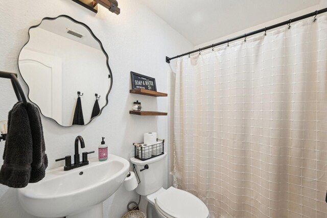 bathroom with a sink, toilet, and a shower with shower curtain