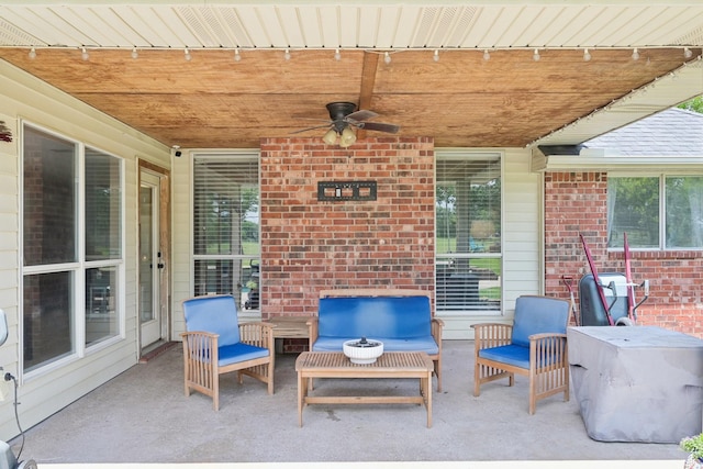 view of patio with a ceiling fan and an outdoor hangout area