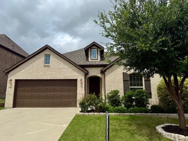 15429 Pioneer Bluff Trl, Fort Worth, TX 76262 - french country home featuring brick siding, concrete driveway, an attached garage, and a front yard