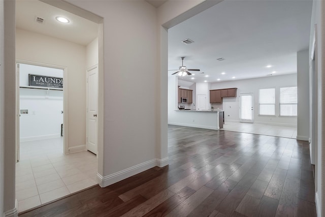 15429 Pioneer Bluff Trl, Fort Worth, TX 76262 - unfurnished living room featuring ceiling fan, dark wood finished floors, baseboards, and recessed lighting