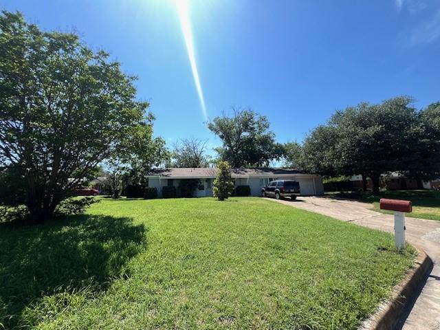 single story home with concrete driveway and a front lawn