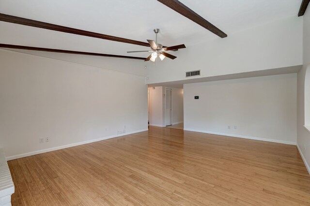 932 Goodwin Dr, Plano, TX 75023 - empty room featuring a ceiling fan, beam ceiling, light wood finished floors, baseboards, and high vaulted ceiling