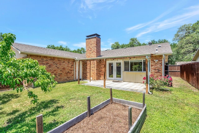 932 Goodwin Dr, Plano, TX 75023 - rear view of property featuring french doors, brick siding, a chimney, a patio, and a shingled roof