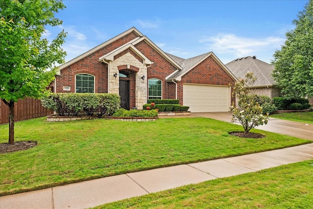 view of front facade with a garage, concrete driveway, brick siding, and stone siding