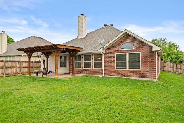 back of house with a pergola, a patio area, brick siding, a chimney, and roof with shingles