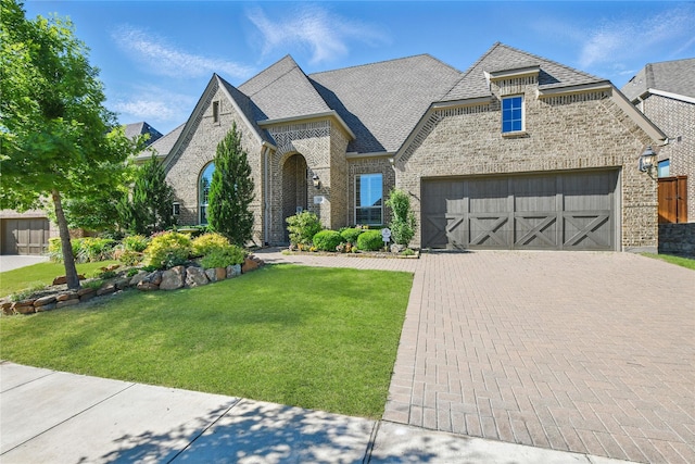 french country style house featuring brick siding, a front lawn, decorative driveway, and a garage