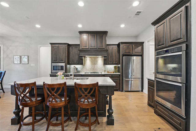 kitchen featuring stainless steel appliances, a sink, decorative backsplash, an island with sink, and a kitchen breakfast bar