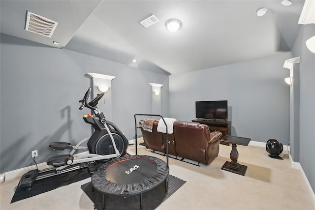 exercise room featuring lofted ceiling, baseboards, and carpet flooring