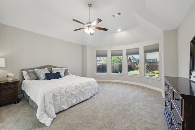 bedroom featuring light carpet, baseboards, ceiling fan, and recessed lighting