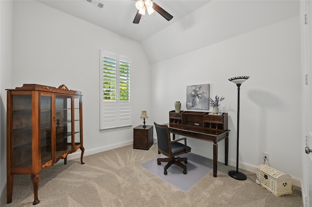 carpeted office featuring a ceiling fan, baseboards, and vaulted ceiling