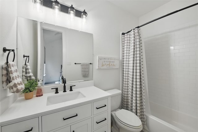 bathroom with toilet, vanity, and shower / tub combo with curtain