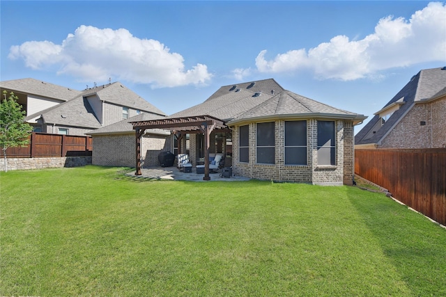 rear view of property with a pergola, a patio area, brick siding, and a shingled roof