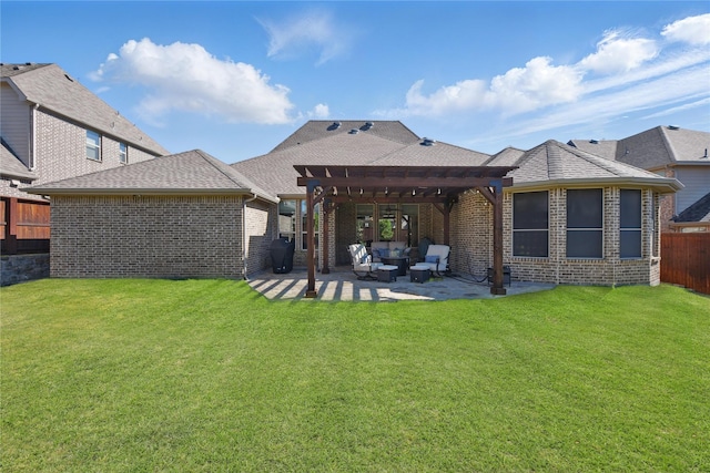 back of house featuring a pergola, brick siding, a patio, and roof with shingles