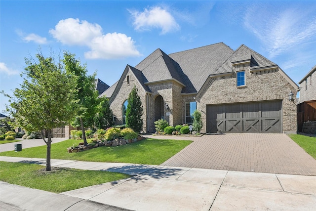 french country home featuring brick siding, a front yard, decorative driveway, and roof with shingles