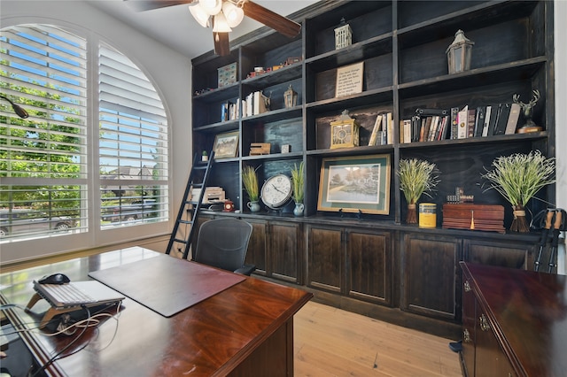office area with light wood-type flooring and ceiling fan
