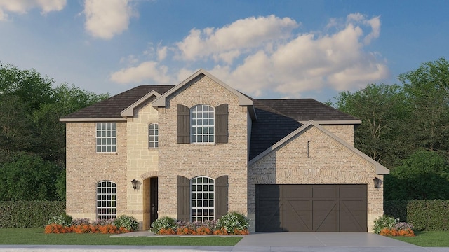 view of front of property with brick siding, driveway, an attached garage, and roof with shingles