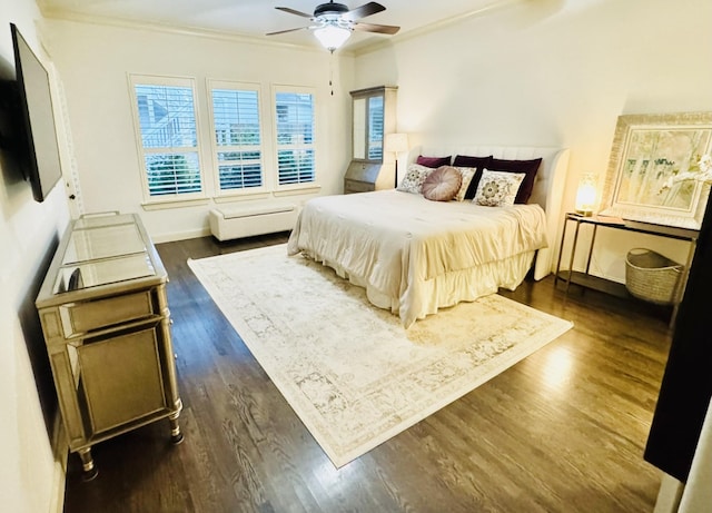 7501 Darrow Dr, Mckinney, TX 75071 - bedroom featuring crown molding, dark wood finished floors, ceiling fan, and baseboards