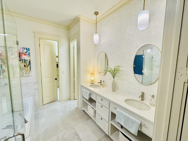 7501 Darrow Dr, Mckinney, TX 75071 - bathroom featuring a garden tub, crown molding, a stall shower, and double vanity