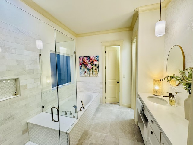 7501 Darrow Dr, Mckinney, TX 75071 - full bathroom with a shower stall, a garden tub, vanity, and crown molding