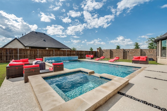 3228 Saddle Brook Rd, Celina, TX 75009 - view of swimming pool featuring outdoor lounge area, an in-ground hot tub, a fenced backyard, and a patio area