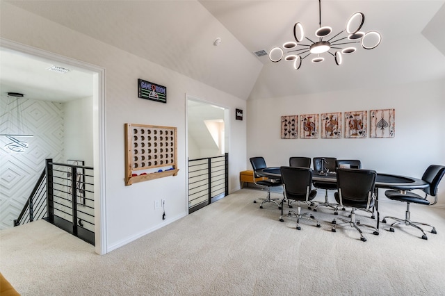 3228 Saddle Brook Rd, Celina, TX 75009 - carpeted home office with vaulted ceiling, baseboards, and a chandelier