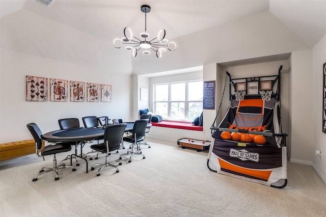 3228 Saddle Brook Rd, Celina, TX 75009 - rec room featuring carpet flooring, a chandelier, vaulted ceiling, and baseboards