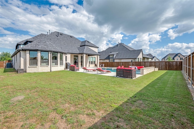 3228 Saddle Brook Rd, Celina, TX 75009 - back of house featuring an outdoor hangout area, a patio, brick siding, roof with shingles, and cooling unit