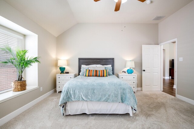 9121 Rio Blanco Dr, Frisco, TX 75033 - bedroom featuring carpet floors, vaulted ceiling, baseboards, and ceiling fan