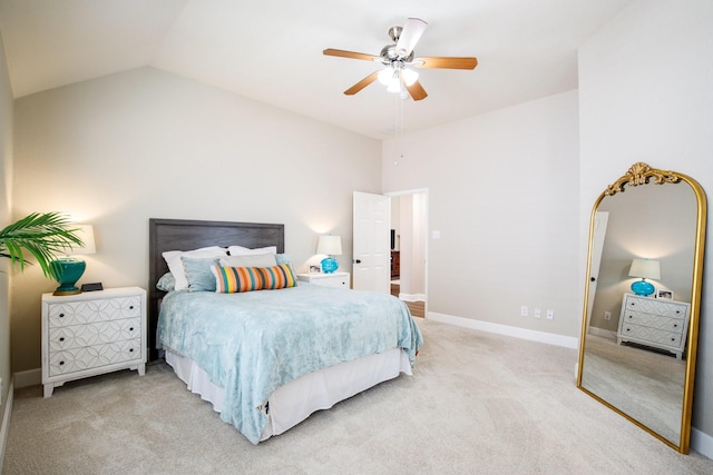 9121 Rio Blanco Dr, Frisco, TX 75033 - bedroom with light carpet, a ceiling fan, baseboards, and vaulted ceiling