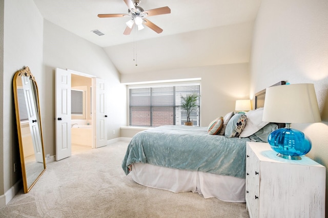 9121 Rio Blanco Dr, Frisco, TX 75033 - bedroom with lofted ceiling, light colored carpet, baseboards, ensuite bath, and a ceiling fan