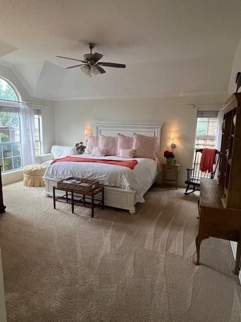 2904 Branch Hollow Cir, Flower Mound, TX 75028 - bedroom featuring carpet flooring, multiple windows, ceiling fan, crown molding, and lofted ceiling