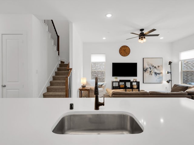 4508 English Maple Dr, Arlington, TX 76005 - kitchen with a sink, a ceiling fan, light countertops, open floor plan, and recessed lighting