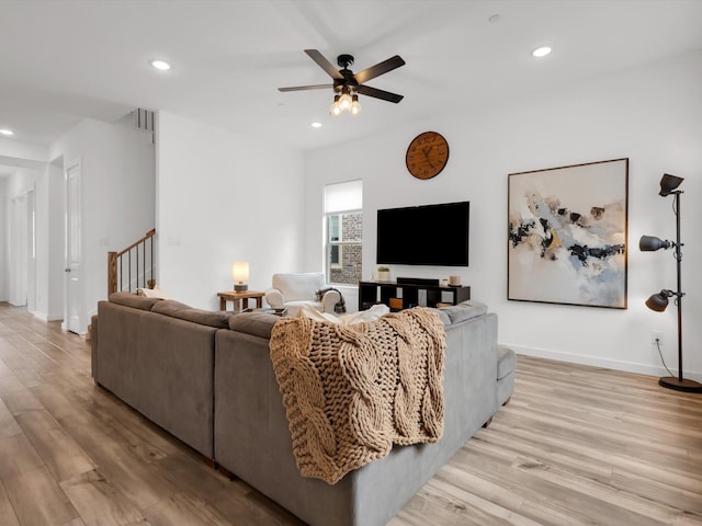 4508 English Maple Dr, Arlington, TX 76005 - living area with stairway, recessed lighting, light wood-type flooring, a ceiling fan, and baseboards