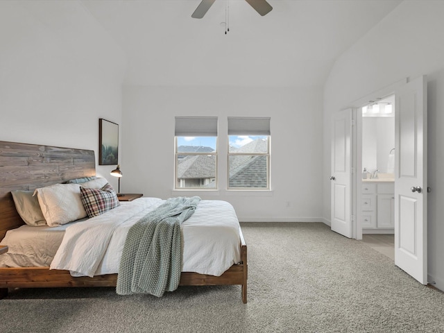 4508 English Maple Dr, Arlington, TX 76005 - bedroom featuring vaulted ceiling, light carpet, connected bathroom, a ceiling fan, and baseboards