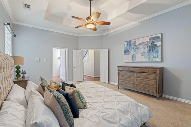 2445 Sky Harbor Dr, Plano, TX 75025 - bedroom featuring light carpet, a raised ceiling, crown molding, and a ceiling fan