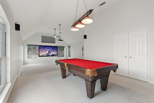 2445 Sky Harbor Dr, Plano, TX 75025 - game room with billiards, high vaulted ceiling, and carpet