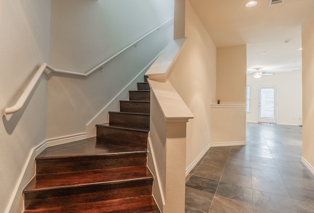 13900 Noel Rd Unit 2, Dallas, TX 75240 - stairs featuring baseboards, ceiling fan, and recessed lighting