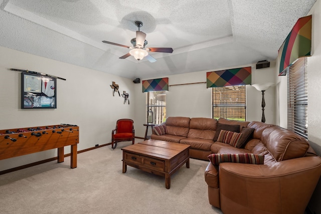 508 Quail Crest Dr, Colleyville, TX 76034 - living area with ceiling fan, a textured ceiling, light colored carpet, and baseboards
