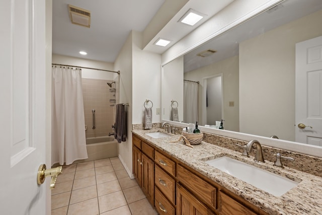 508 Quail Crest Dr, Colleyville, TX 76034 - full bath with tile patterned floors, double vanity, shower / bath combo with shower curtain, and recessed lighting