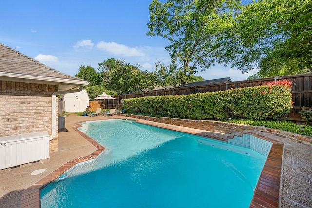 508 Quail Crest Dr, Colleyville, TX 76034 - view of pool with a fenced backyard, a shed, an outdoor structure, and a patio area