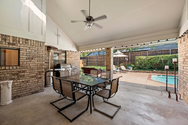 508 Quail Crest Dr, Colleyville, TX 76034 - view of patio with a ceiling fan, a fenced backyard, outdoor dining area, grilling area, and exterior kitchen