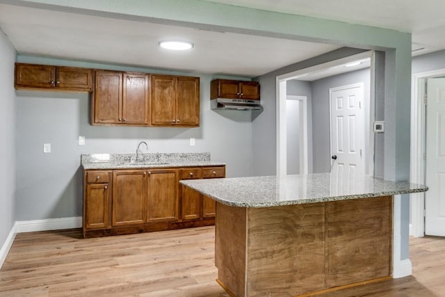 2238 Macon St, Dallas, TX 75215 - kitchen with under cabinet range hood, a sink, brown cabinets, light wood-style floors, and light stone counters
