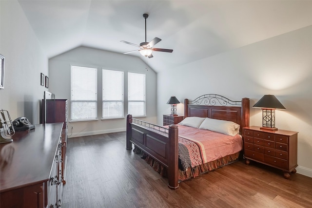 14601 Donner Trl, Fort Worth, TX 76262 - bedroom with dark wood-type flooring, lofted ceiling, baseboards, and a ceiling fan