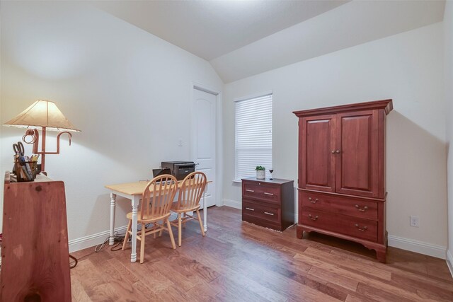 14601 Donner Trl, Fort Worth, TX 76262 - home office featuring light wood-style floors, baseboards, and vaulted ceiling