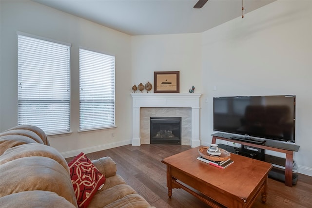14601 Donner Trl, Fort Worth, TX 76262 - living area with wood finished floors, a tile fireplace, ceiling fan, and baseboards