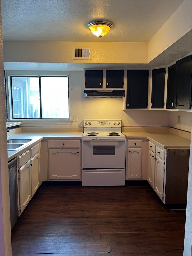 405 Liberty Pl, Grand Prairie, TX 75052 - kitchen featuring electric range, under cabinet range hood, dark wood-style flooring, light countertops, and white cabinets