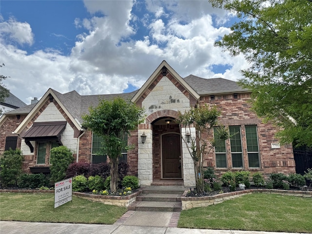 3706 Plum Vista Pl, Arlington, TX 76005 - french provincial home with a front lawn, brick siding, a shingled roof, and stone siding